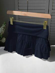 Comfortcana 休闲纯色荷叶边下摆迷你裙，夏季 - 藏蓝色 - 查看 3