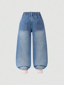 Denimly Young Girl' 寬腿牛仔褲，1件藍色夏季返校休閒學院風，可愛3D粉色蝴蝶結裝飾，寬鬆舒適版型長褲 - 深色水洗藍 - 查看 2