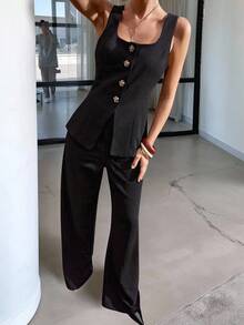 Lavishia Women's Elegant Summer Black And Gold Button Up Vest & Pants 2 Pieces Set,Business Casual Office Outfits,Professional Work Clothes,Elegant Wear - Black - View 4