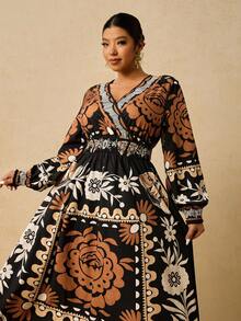 SHEIN VCAY 大码秋季服装全印花褶皱豹纹长袖连衣裙/秋季连衣裙/秋季女装秋季婚礼宾客连衣裙优雅女士连衣裙商务休闲女士工作连衣裙商务连衣裙 - 彩色 - 查看 3