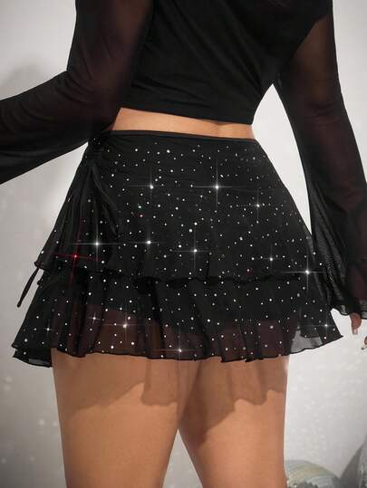 SHEIN EZwear Plus Size Sexy Mesh Patchwork Ruffle Hem Mini Skirt, Suitable For Clubwear Sequin