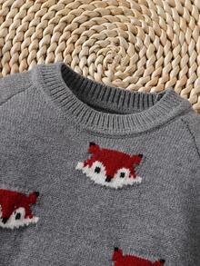 SHEIN 幼儿男童毛衣套装，狐狸条纹提花宽松毛衣两件套，适合秋冬季