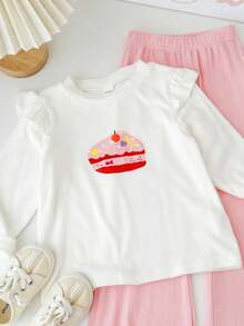 Genkimix Kids 2pcs/Set Young Girls Cute Cartoon Strawberry Cake Print Flutter Sleeve T-Shirt And Light Pink Flare Pants,Autumn Family Matching Casual Outfit Set - White - View 3