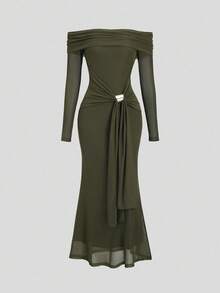 Sweetra Tall Autumn/Winter Elegant Green Mesh Off Shoulder High-End Metal Buckle Decor Fitted Mermaid Hem Long Dress For Tall Women - Army Green - View 3