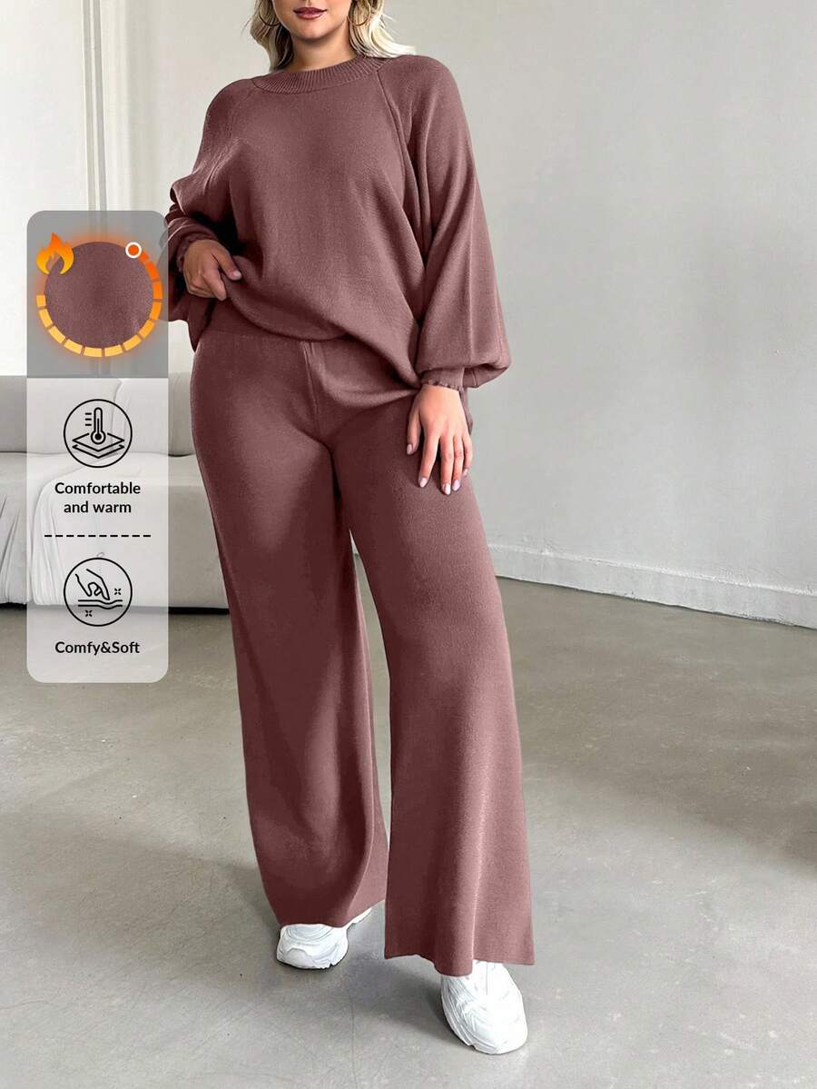 EURMUSE Ensemble casual femme grande taille, pull raglan couleur unie et pantalon tricoté - Vieux Rose - Voir 1