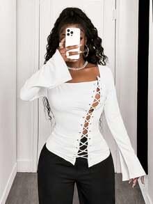 BamGleam Áo thun nữ tay dài dáng ôm, viền lệch thanh lịch, họa tiết xiên mới thu đông - trắng - Xem 4