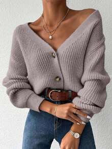 EURMUSE Women's Casual Solid Color Ribbed Single-Breasted Long Sleeve Cardigan - Baby Pink - View 3