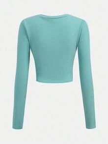 Girlism Teen Girls Casual And Simple Basic Spring And Summer Round Neck Long-Sleeved Milano Cropped T-Shirt + Quarter Pants Sweatpants Blue Textured Fabric Two Pieces Set - Mint Green - View 4