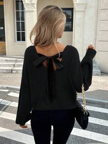 Serisse Áo len dệt kim cổ chữ V màu trơn đơn giản dành cho nữ mùa thu đông - màu đen - Xem 2