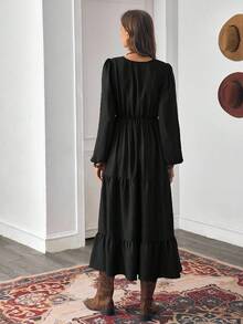 LanaWest Women's Autumn Bohemian Casual Vacation Style Rust Brown Design V-Neck Long Sleeve Patchwork Dress