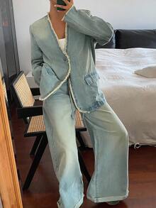 DAZY 2 Stücke Damen Denim Jacke mit V-Ausschnitt und weite gerade Hose Set, lässiger Jeans Outfit