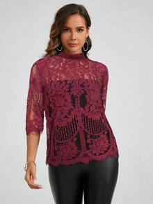 Amorya Women's Spring Stand Collar Lace Top