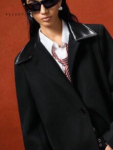 LYSMO 女士休闲宽松纯色纽扣长袖大衣，秋冬 - 黑色 - 查看 10