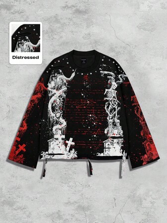 Vintage Street Style Gothic Distressed Saint Graphic Long Sleeve Crew Neck Men T-Shirt, Fall