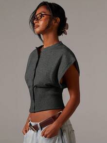 Athîral 秋冬女士纯色简约日常毛衣背心 - 深灰色 - 查看 5