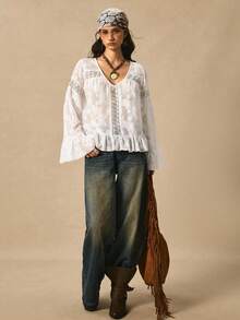 Easelle Vintage Boho Casual Nomadic V-Neck Ruffle Sleeve Loose Eyelet Romantic Baggy Women Blouse Free People - White - View 6