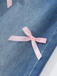 Denimly Young Girl' 寬腿牛仔褲，1件藍色夏季返校休閒學院風，可愛3D粉色蝴蝶結裝飾，寬鬆舒適版型長褲 - 深色水洗藍 - 查看 6