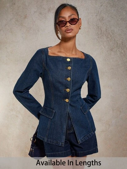 SHEIN Tall CURVE 大码秋冬万圣节圣诞节国庆街头风生日夜店外出机场商务休闲女装乡村复古低调老钱商务休闲女装工作教师女装教堂女装纽扣长袖休闲牛仔蓝夹克优雅女士蓝色牛仔衬衫夹克，独特的方领和时尚的金色纽扣前襟