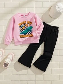 SHEIN Explorewe 2pcs Girls Rainbow Letter Print Crew Neck Long Sleeve Sweatshirt And Brown Flare Pants Set, Fashionable Casual Outfit For Spring/Autumn Fall Winter - Pink - View 3