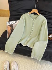 SHEIN Franclia Women's Autumn French Romantic Contrast Color Ruffle Trim Cardigan, Suitable For Commuting