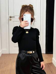 Emery Rose Kids Emery Rose Kids Young Girl Fitted Vintage Gigot Sleeve Mock Neck T-Shirt, Sport Style ,Great For Casual & Daily Wear & School Daily In Autumn & Winter, Cool Street Style, Daily Wear, School Daily , Halloween, Y2k , Casual & Cute, Sisters, Mom And Daughter Matching, Black - Black - View 3