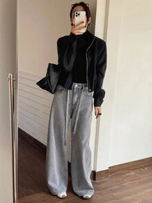 Livesso Women's Vintage Washed Loose Casual Street Outdoor Design Drawstring Waist Straight Leg Jeans, Suitable For Autumn & Spring - Grey - View 4