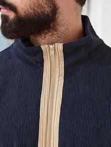 Manfinity Homme 男士休闲撞色饰边运动衫，秋季 - 藍色 - 查看 7