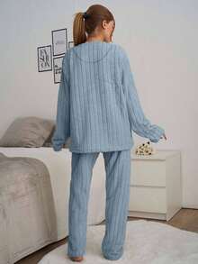 EURMUSE 2pcs Striped Fuzzy Fabric With Slogan Embroidery Detail Homewear PJ Set - Cadet Blue - View 2
