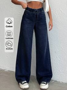 Women's Casual Mid Waist Wide Leg Elastic Jeans - Dark Wash - View 1