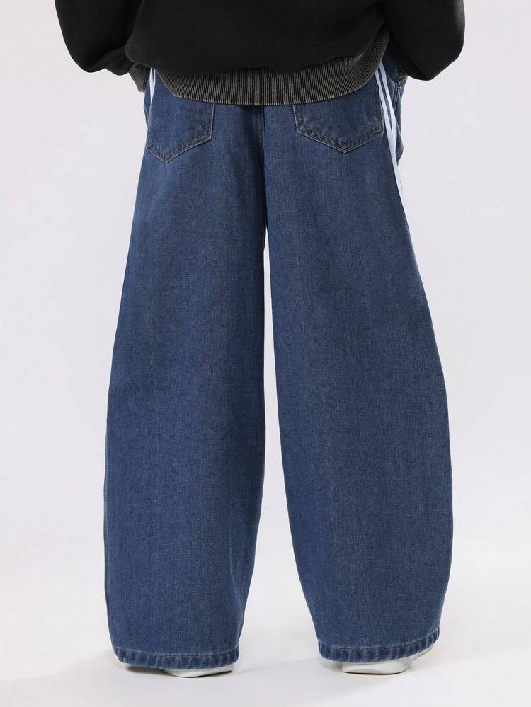 Wide Leg Denim Pants With Side Stripes And Drawstring