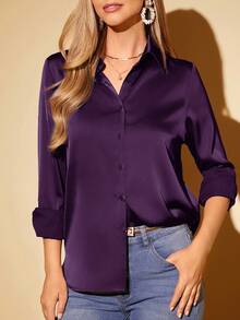 Amorya Women's Elegant Solid Color Acetate Satin Lapel Long Sleeve Shirt Spring Break - Purple - View 3