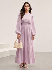 Veilorie Váy Abaya thời trang tay loe raglan cổ tròn màu trơn dành cho nữ bằng vải kết cấu - Màu Hồng baby - Xem 5