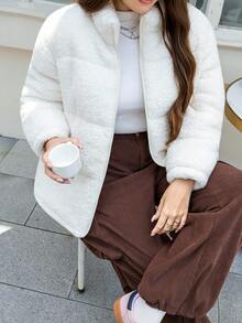 SHEIN LUNE 加大码女式米色珊瑚绒北极泡泡面料加厚保暖秋冬季外套立领毛绒让你温暖的冬季外套 - 米色 - 查看 7