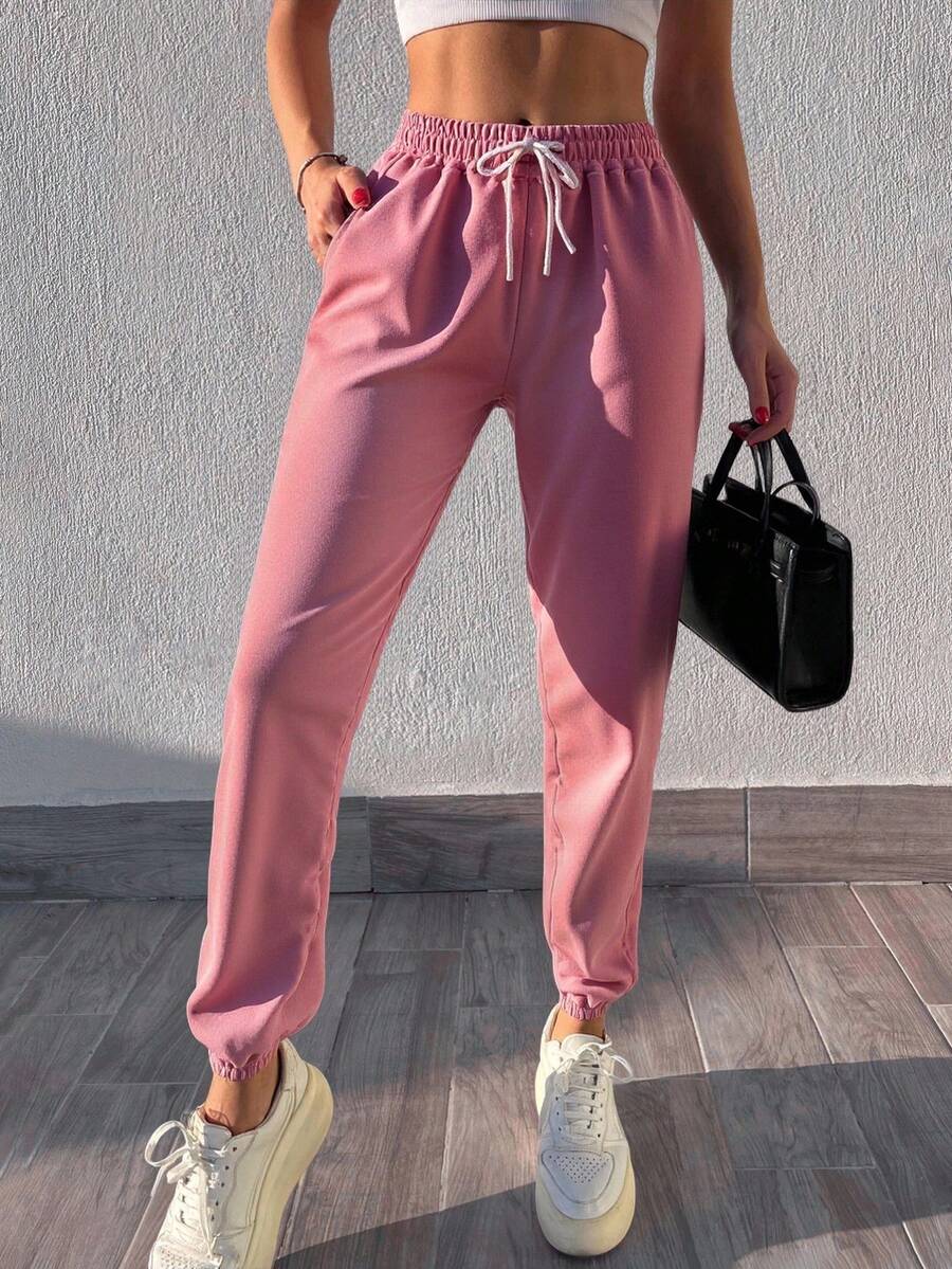 SHEIN Cottnline Solid Color Slanted Pocket Sweatpants - Pink - View 1