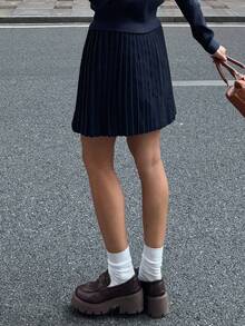 Livesso 女士休闲百褶针织裙，秋季 - 藏蓝色 - 查看 2