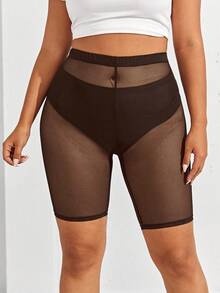 SHEIN SXY Plus Size Women's Coffee Brown Sheer Mesh Cycling Shorts (Underwear Not Included)