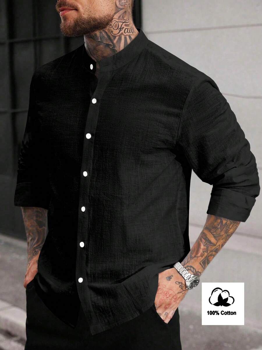 Manfinity CasualCool 男士休閒百搭純色長袖襯衫 黑色長袖棉質襯衫 立領襯衫 黑色亞麻襯衫 秋季 正式 - 黑色 - 查看 1