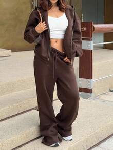 DAZY Women's Casual Everyday Commute Simple Solid Color Drop Shoulder Loose Zip-Up Drawstring Hoodie And Wide Leg Sweatpants 2 Pieces Set, Autumn/Winter