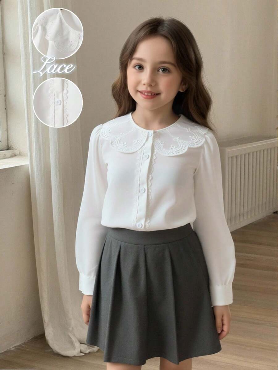 少女春秋休闲时尚蕾丝领衬衫,白色长袖纽扣衬衫,适合少女返校、春夏秋季穿着,优雅温柔,日常穿着、度假、秋冬写真皆宜。 - 白色 - 查看 1