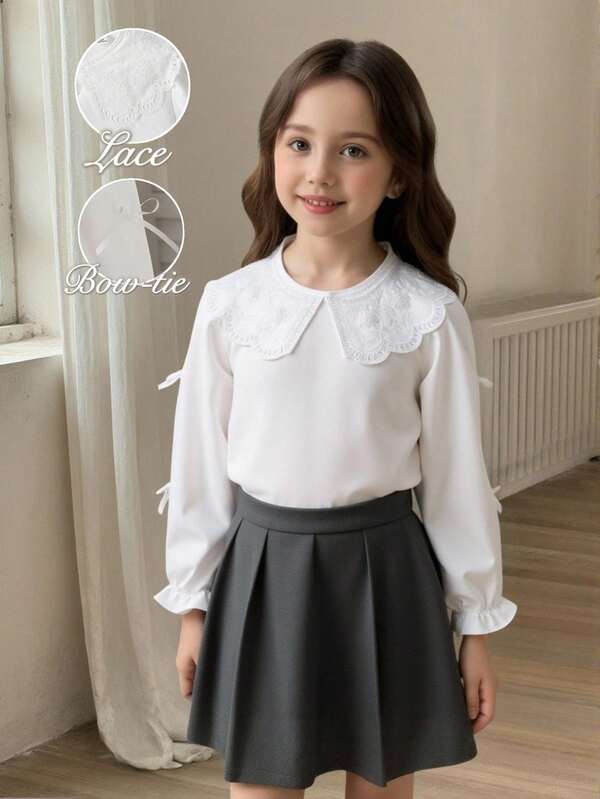 Tween Girls Casual Lace Collar Blouse, Long Sleeve Shirt For School, Elegant And Gentle Style For Spring, Summer, Autumn, Suitable For Older Girls Back To School, Daily Wear, Vacation, Photo Shoot Fall Winter