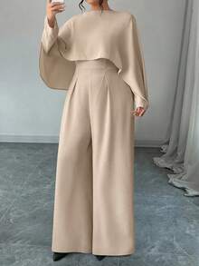 Elenzga Plus Size Women's Minimalist Cinched Waist Wide Leg Jumpsuit With Faux Shawl - Khaki - View 4