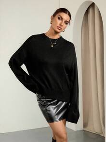SHEIN Tall Suéter de punto holgado de manga larga para mujer, negro liso, otoño, estilo chic sin esfuerzo, suéter de hombro caído liso para uso diario otoño/invierno - Negro - Ver 4
