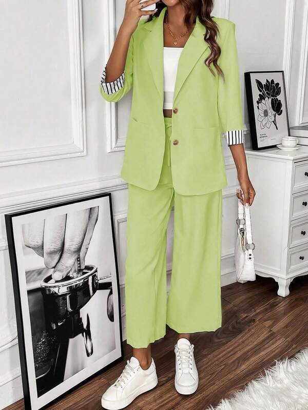 EMERY ROSE Women's Casual Commuter Suit Set With Striped 3/4 Sleeve Jacket And Pants, Autumn