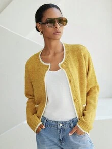 Lumivelle Loose Single-Breasted Round Neck Contrast Color Knit Cardigan - Yellow - View 6
