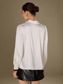Modelyn Elegant Contrast Color Draping Collar Long Sleeve Shirt - Black and White - View 5