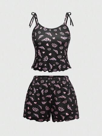 Kawaii طقم بنطال قصير وبلوزة بسحاب بتصميم قلب على شكل مسدس بطراز جوثيك للاستخدام اليومي والنوم