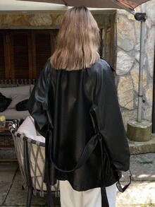 DAZY 女士宽松翻领系带常规休闲PU皮夹克，街头风秋冬女装外套