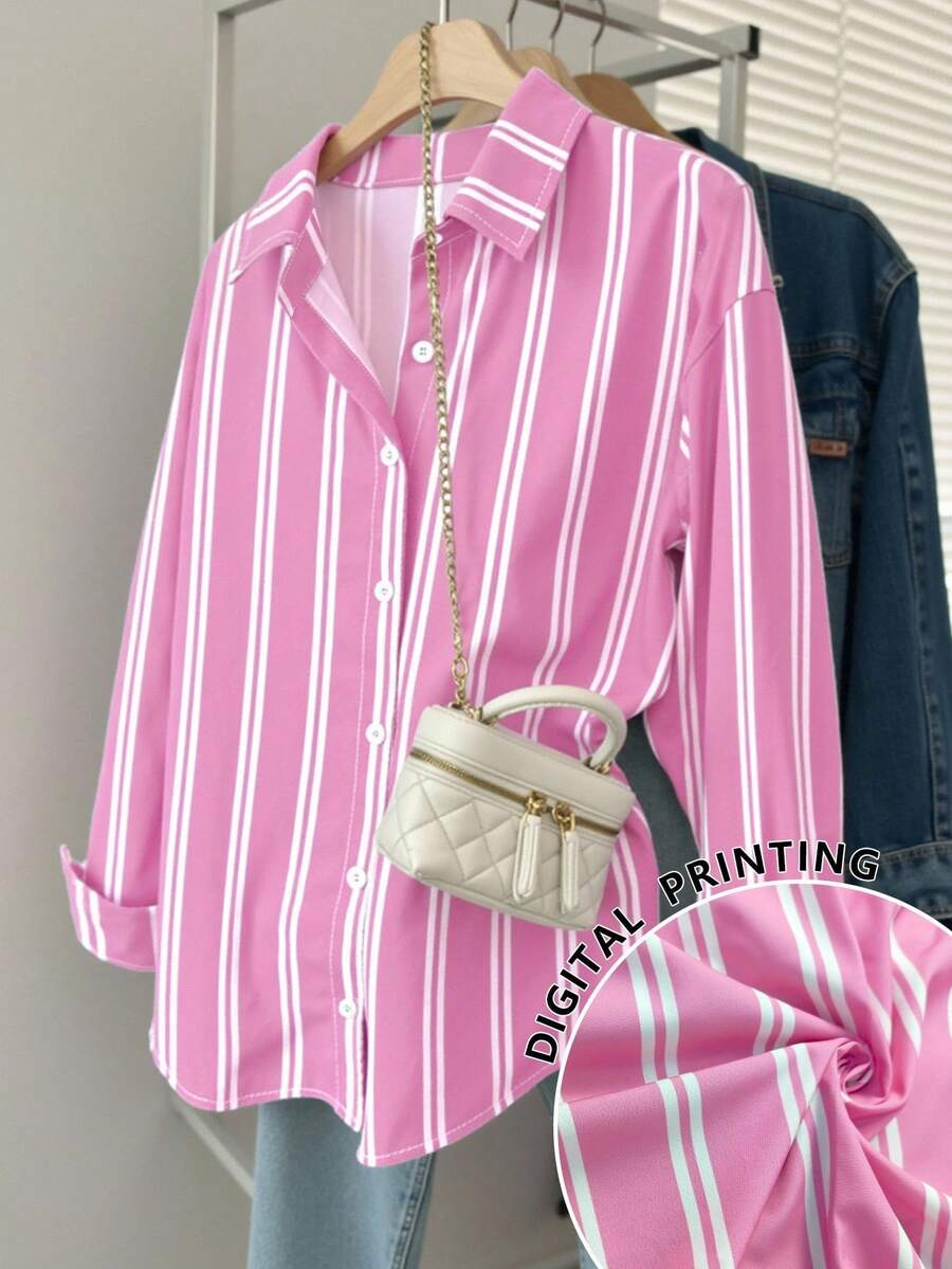 SHEIN 女式休闲宽松条纹印花纽扣长袖衬衫 - 彩色 - 查看 1