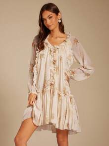 Enchnt 女式花卉印花拼布荷叶边灯笼袖宽松连衣裙 - 彩色 - 查看 6