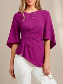Amorya Women's Solid Color Elegant Vacation Pleated Blouse Purple Blouse Women